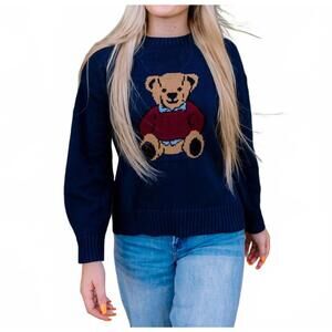 NEW WISHLIST women's teddy bear graphic sweater in navy
